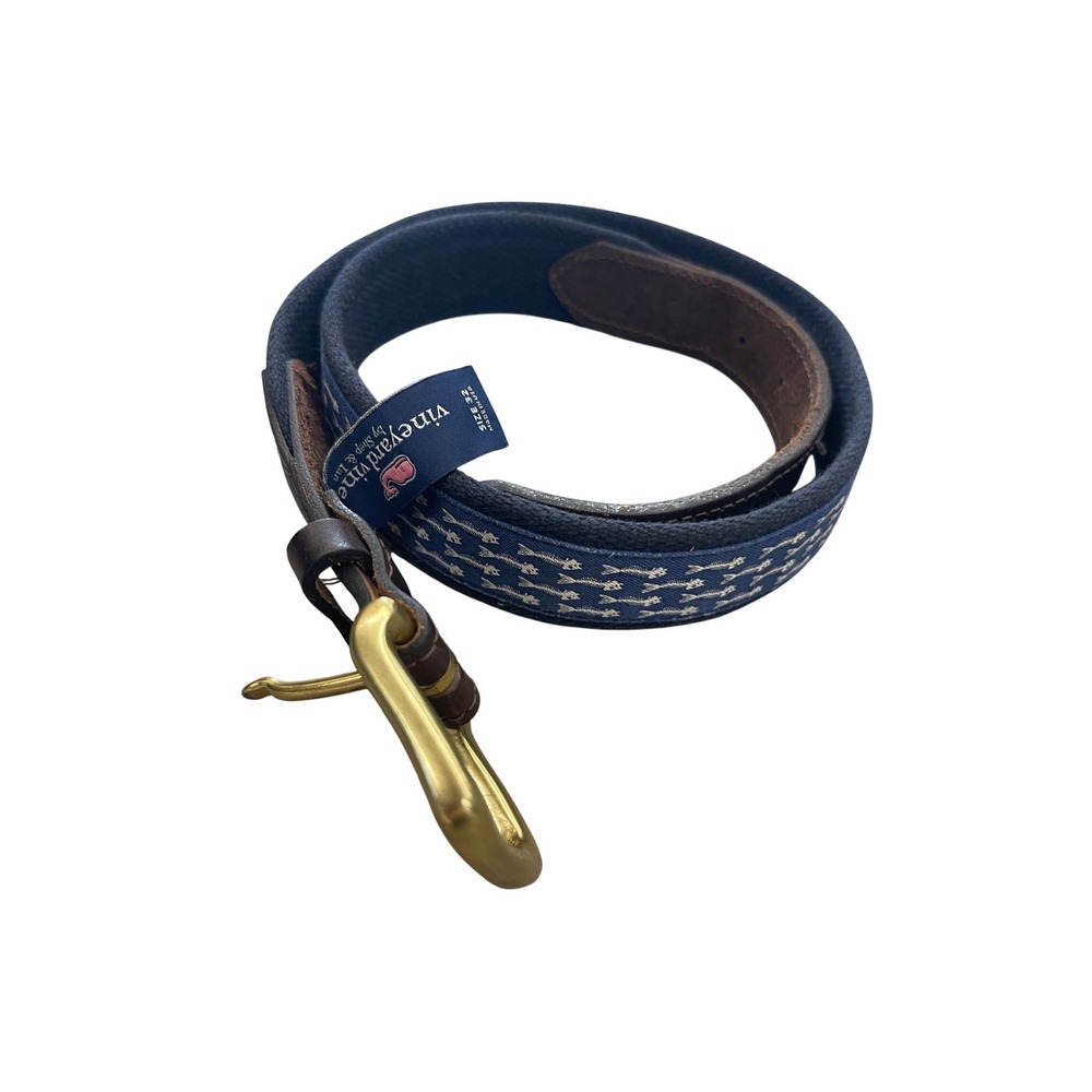 Vineyard Vines Navy Blue Fish Bone Embroidered Canvas Leather Belt Size 32‎ I07